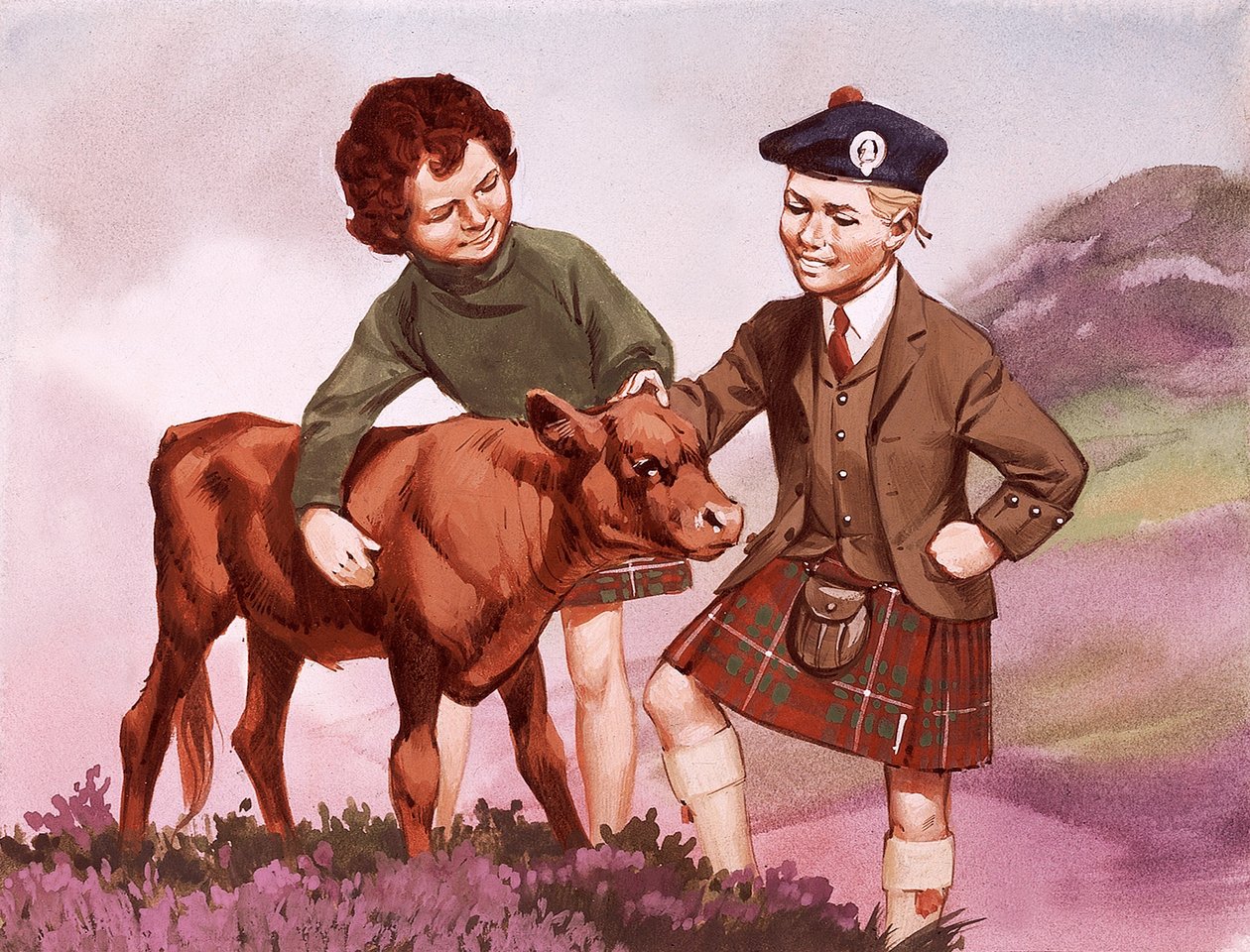 Szkockie dzieci w strojach narodowych autorstwa Angus McBride