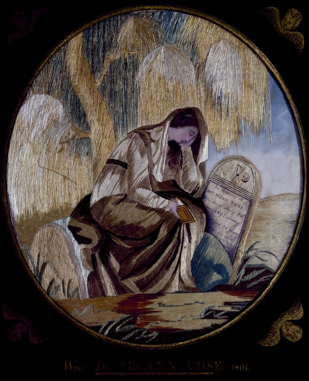 Obraz pamiątkowy haftowany, 1807 (jedwab, papier czerpany, akwarela, tusz) autorstwa Ann Vose