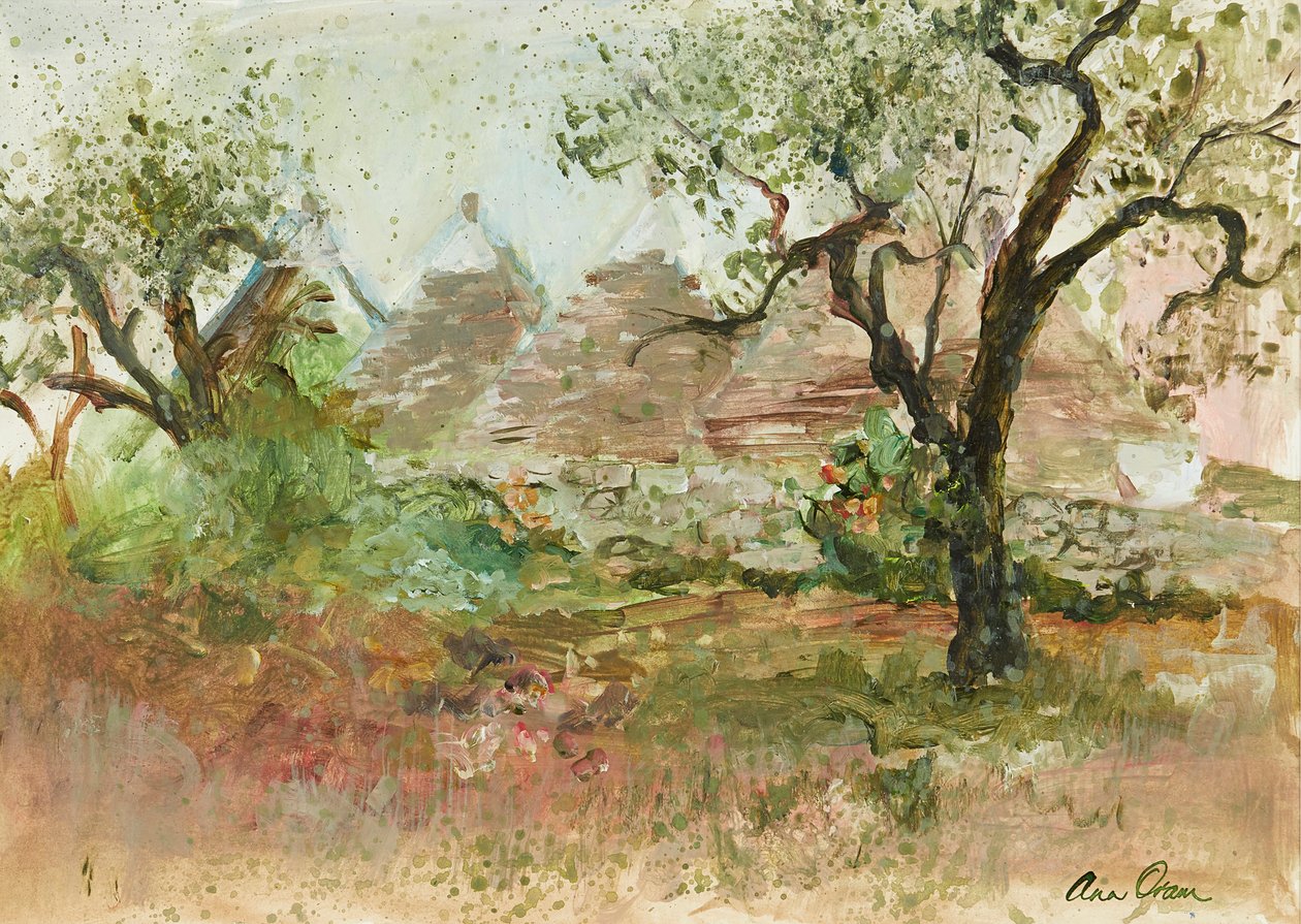 Trulli i drzewo oliwne (akwarela i gwasz) autorstwa Ann Oram