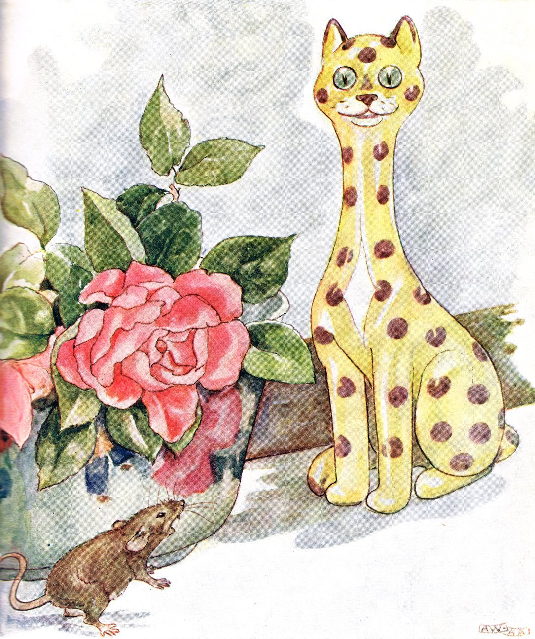 „Widziałem wielkiego kota pokrytego plamami”, ilustracja z „Księgi złośliwej myszy”, wydanej przez Thomas Nelson und Sons, lata 20. autorstwa Anne Anderson