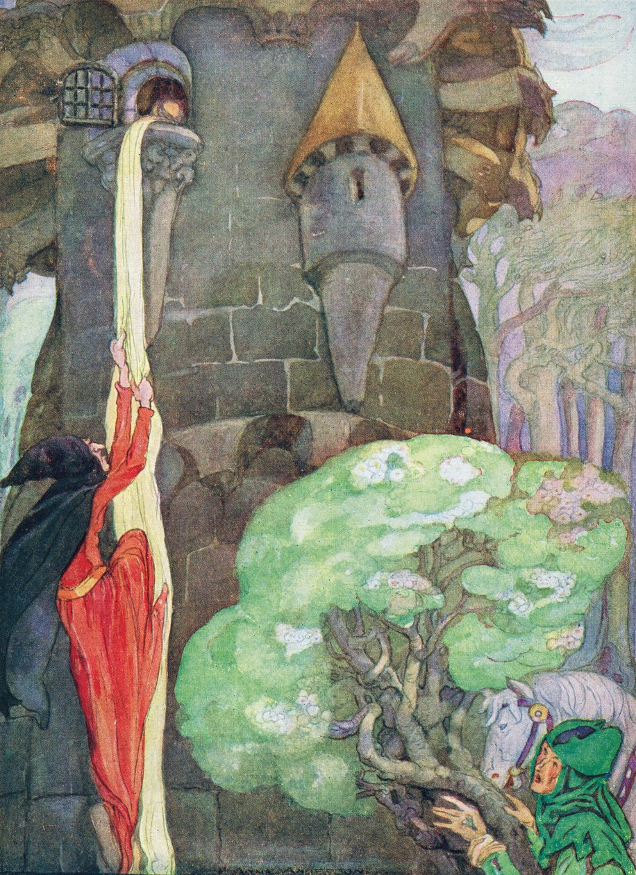 Ilustracja z „Roszpunki” braci Grimm autorstwa Anne Anderson