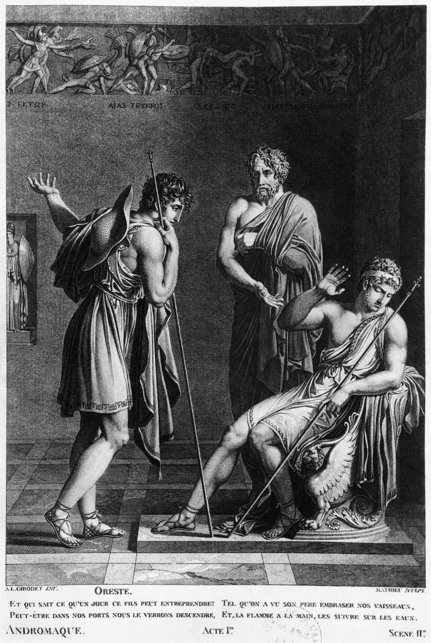 Orestes i Pyrrhus, ilustracja z aktu I, scena 2, „Andromaque” Jeana Racine