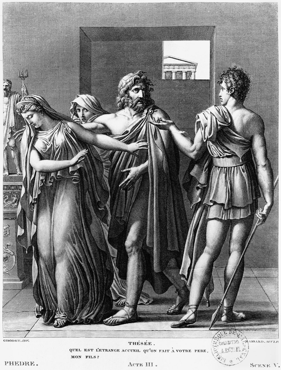 Fedra, Tezeusz i Hippolyt, ilustracja z aktu III scena 5 "Phedre" Jeana Racine