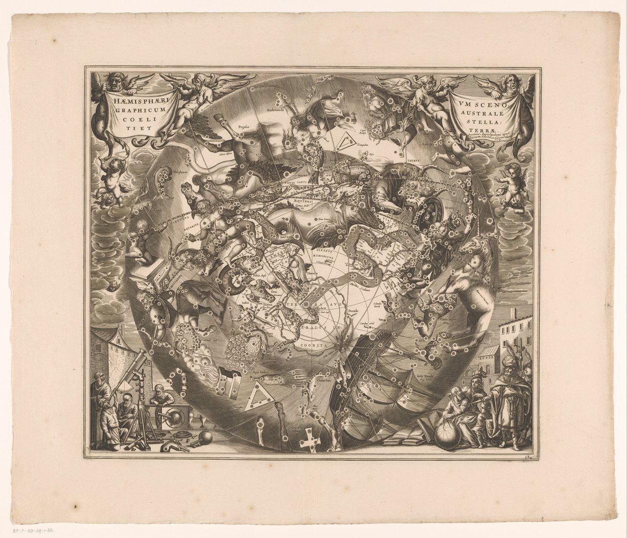 Mapa nieba z południowymi konstelacjami Haemisphaerium scenographicum australe coeli stellati et terrae (tytuł na obiekcie) autorstwa Anonymous