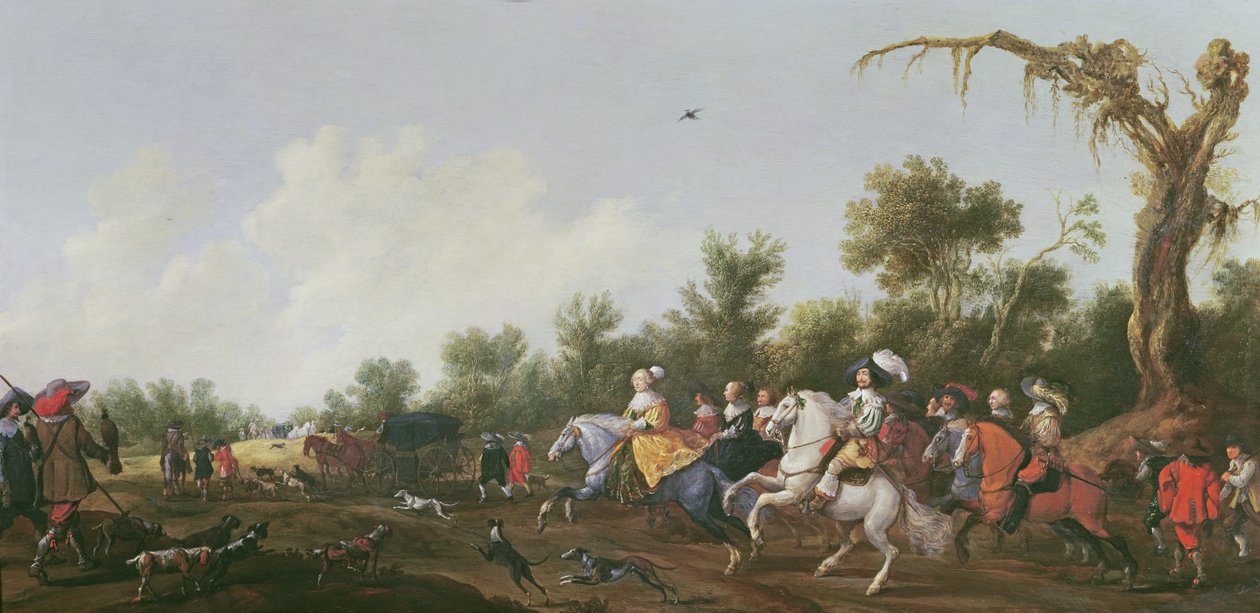 Fryderyk V, król zimowy i jego żona Elżbieta Stuart wyjeżdżają na polowanie konno, 1631 autorstwa Anthonie Palamedesz