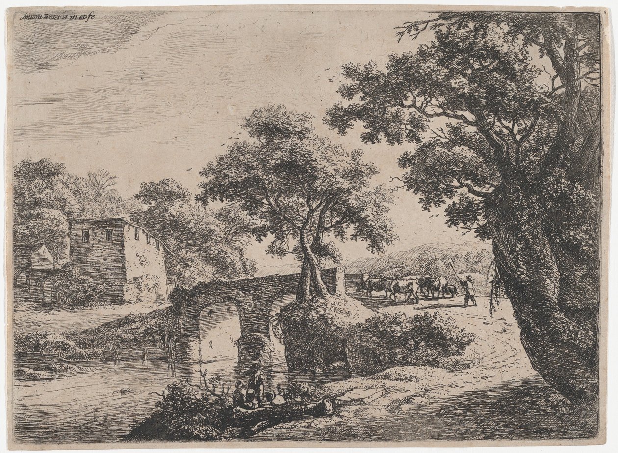 Stado w pobliżu kamiennego mostu, XVII wiek. autorstwa Anthonie Waterloo