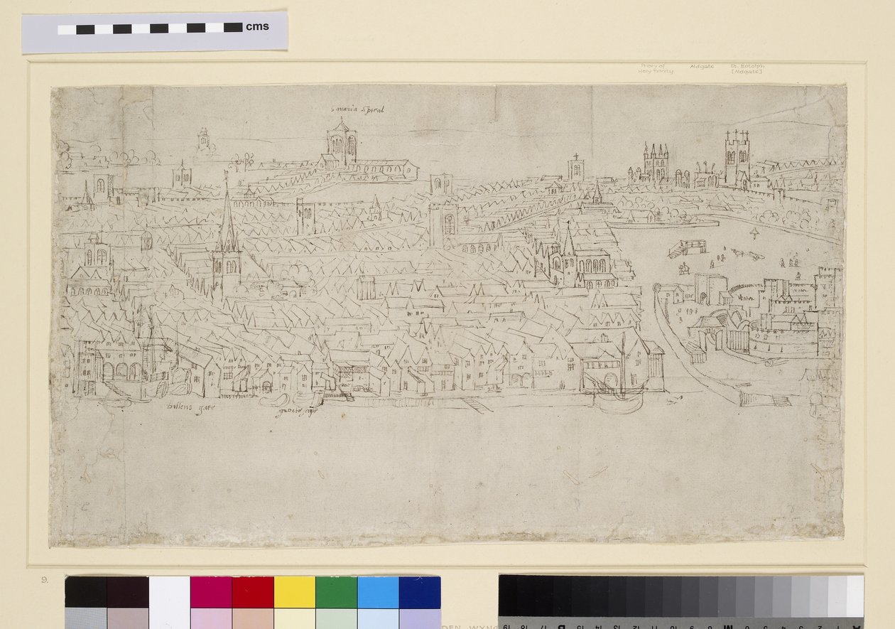 Billingsgate do Tower Wharf, z „Panorama Londynu”, ok. 1544 (pióro, atrament i kreda na papierze) autorstwa Anthonis van den Wyngaerde