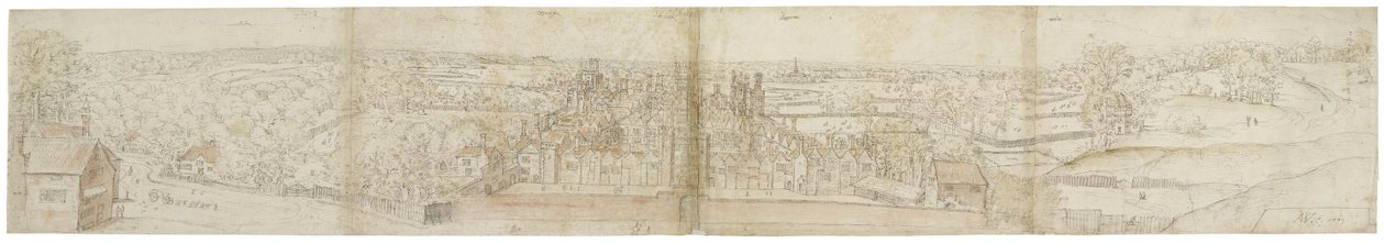 Pałac Oatlands od południa, ok. 1544 (pióro, atrament, kreda i wc na papierze) autorstwa Anthonis van den Wyngaerde