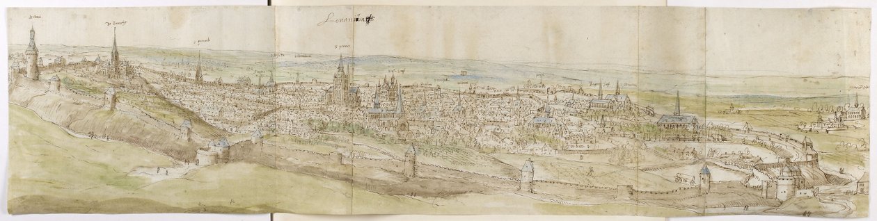 Panoramiczny widok Leuven od północnego zachodu (pióro, brązowy tusz i akwarela na czarnej kredzie) autorstwa Anthonis van den Wyngaerde