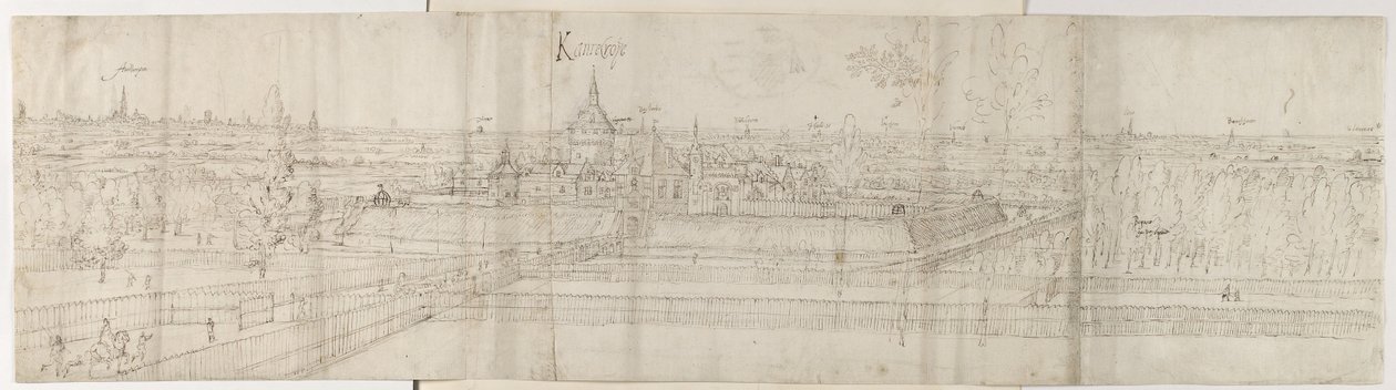 Widok Pałacu Cantecroy w pobliżu Antwerpii i okolic, 1557-58 (pióro i brązowy atrament na czarnej kredzie) autorstwa Anthonis van den Wyngaerde