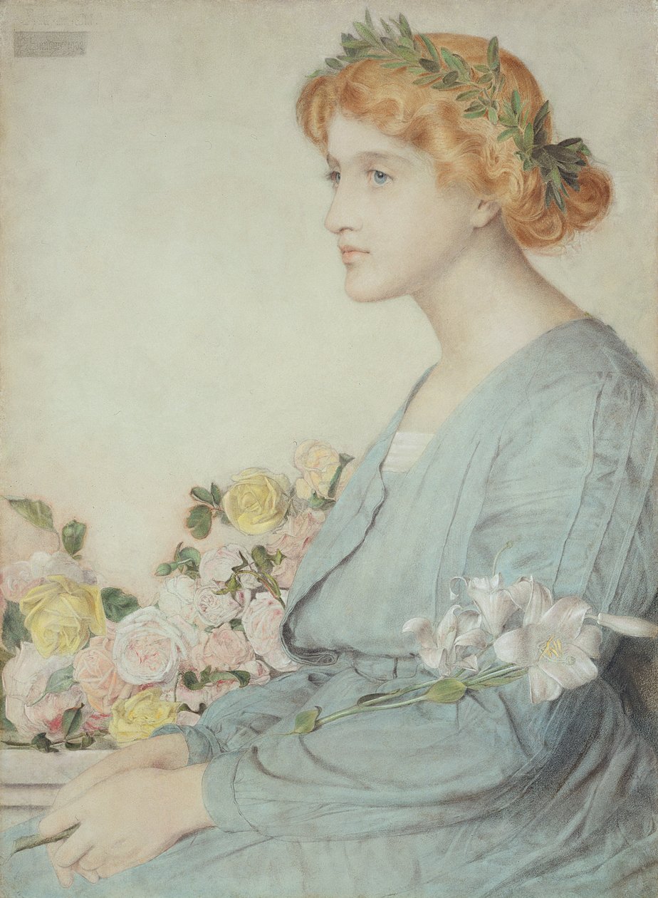 Wieniec laurowy, 1902 (kolorowe kredy na jasnoniebieskim papierze) autorstwa Anthony Frederick Augustus Sandys