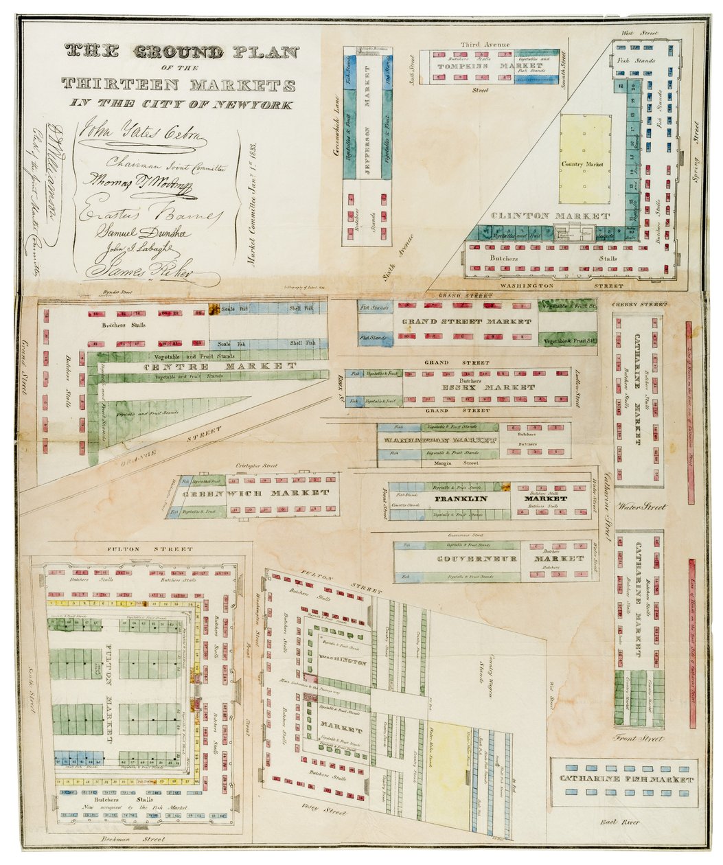 Plan terenu trzynastu rynków w mieście Nowy Jork, 1833 (czarny tusz, z kolorowym rozmyciem, na papierze) autorstwa Anthony Imbert