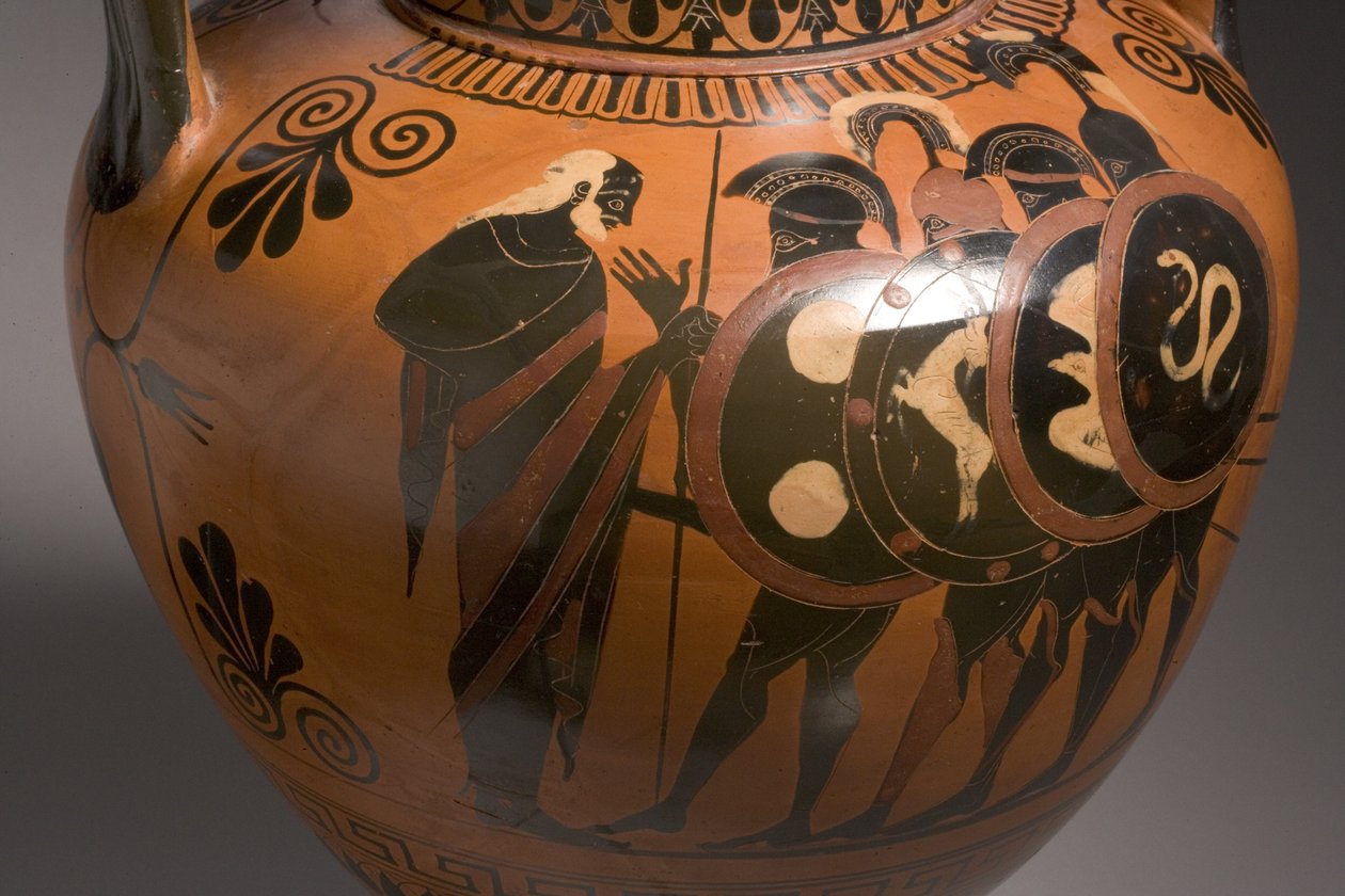 Strychowa amfora czarnofigurowa przedstawiająca sceny z okresu wojny trojańskiej z ceramicznym detalem z 249017 autorstwa Antimenes Painter