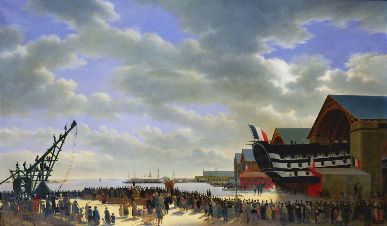 Wodowanie "Le Friedland" w Cherbourgu, 4 kwietnia 1840, ok. 1840-54 autorstwa Antoine Chazal