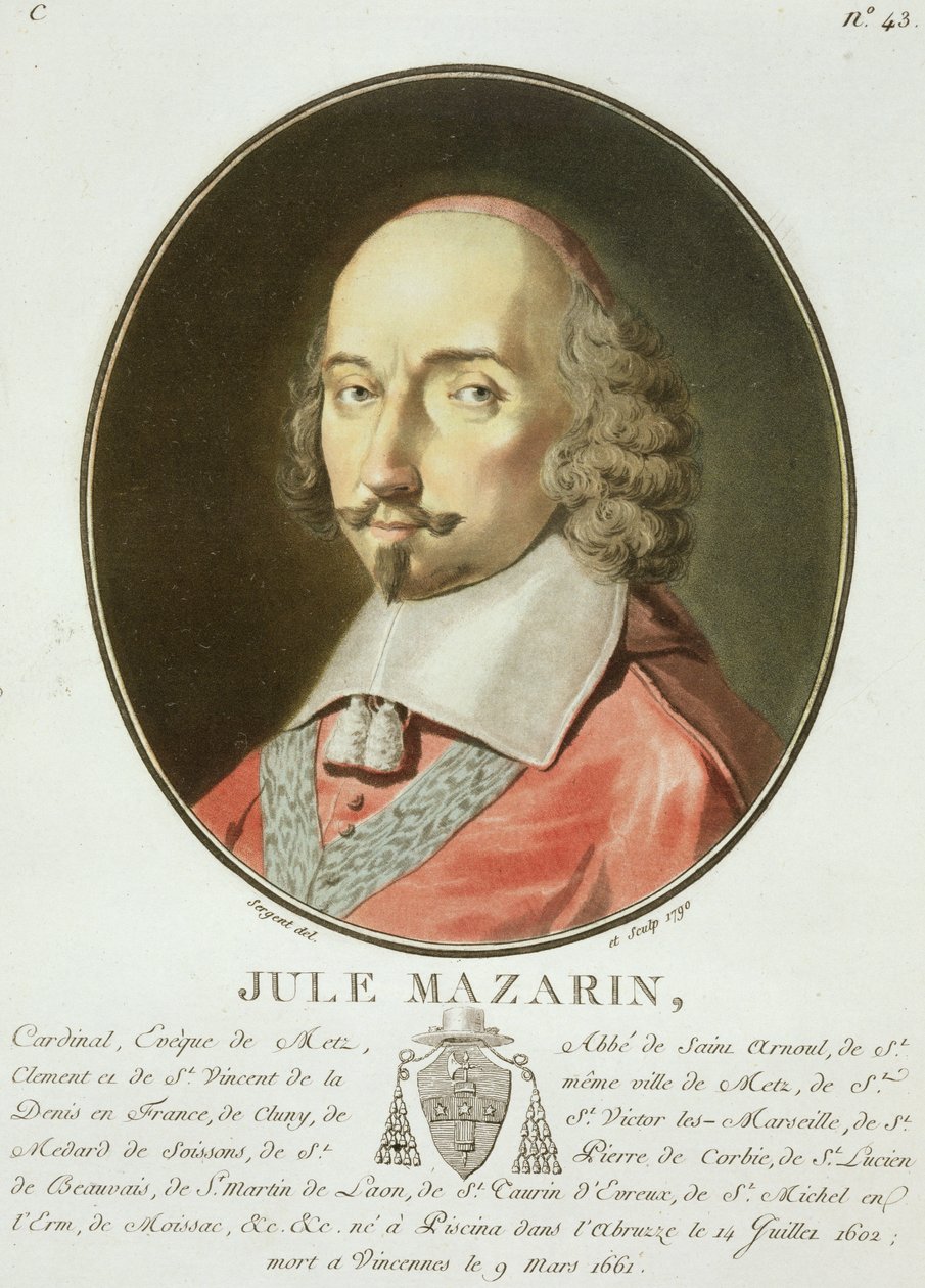 Kardynał Jules Mazarin (1602-61) z „Portrety wielkich mężczyzn, znamienitych kobiet i pamiętnych poddanych Francji”, opublikowana w latach 1787-92 autorstwa Antoine Louis Francois Sergent Marceau