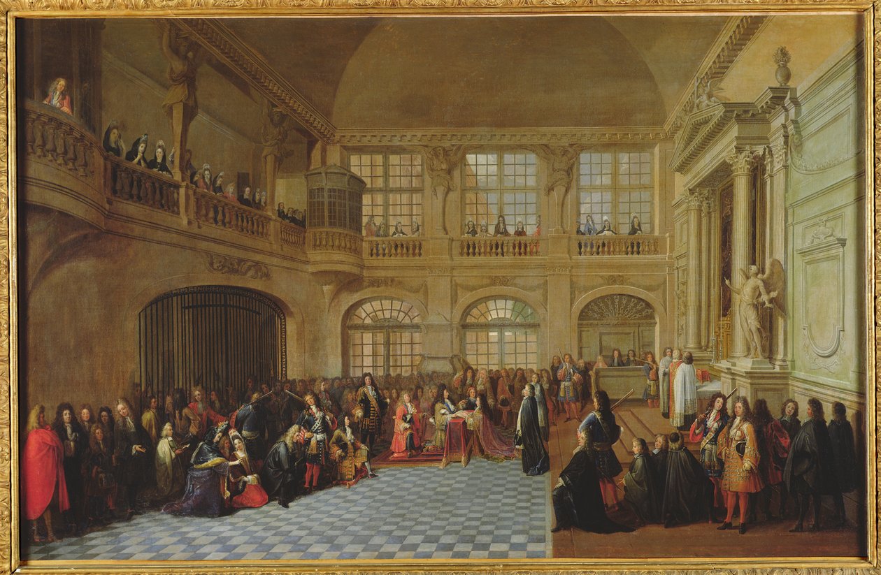 Philippe de Courcillon (1638-1720) markiz Dangeau złożył przysięgę królowi Ludwikowi XIV (1638-1715) w 1695, koniec XVII wieku autorstwa Antoine Pezey