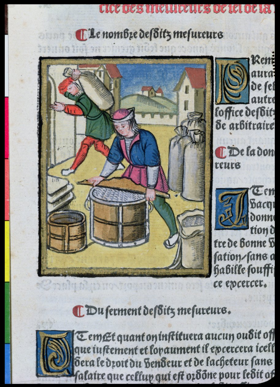 Mierzenie soli, z "Ordonnances Royaux de la Juridiction de la Prevote des Marchands de la Ville de Paris", 1528 (wc i gwasz na papierze) autorstwa Antoine Verard
