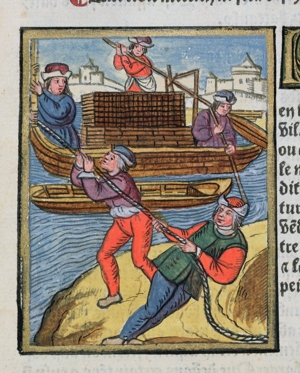 Transport drewna na Sekwanie, z „Ordonnances Royaux de la Juridiction de la Prevote des Marchands de la Ville de Paris”, 1528 (wc i gwasz na papierze) autorstwa Antoine Verard