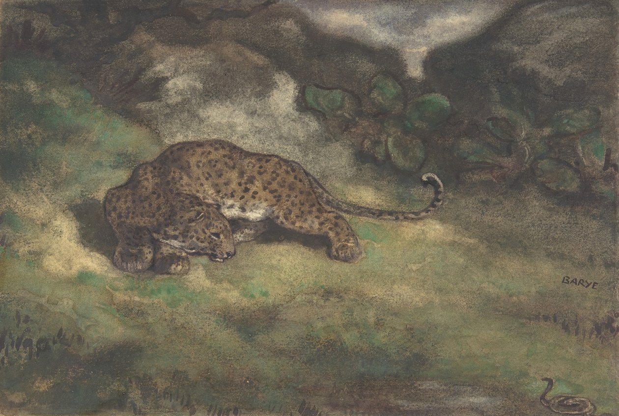 Lampart i wąż, 1810-75. autorstwa Antoine Louis Barye