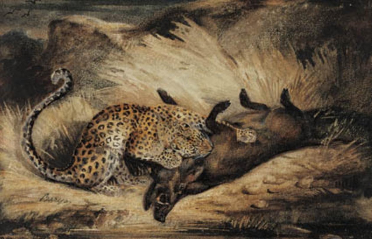 Lampart zjada dzika. autorstwa Antoine Louis Barye