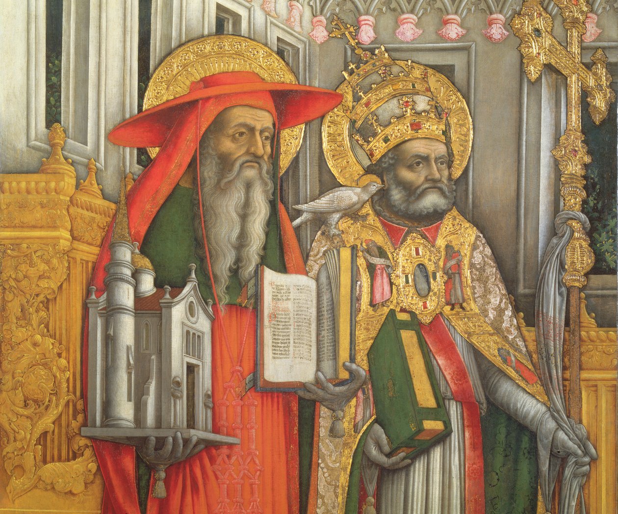 Święci Jerzy i Grzegorz, detal lewego panelu z obrazu Dziewica w tronie ze świętymi Jeromeuszem, Grzegorzem, Ambrożym i Augustynem, 1446 (po renowacji) (zob. 160893-99) autorstwa Antonio Vivarini