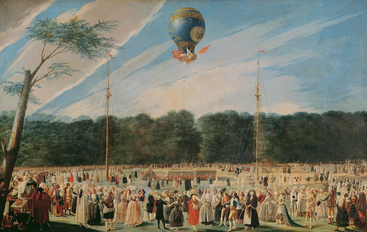 Wznoszenie balonu Montgolfier w Aranjuez, c.1764 autorstwa Antonio Carnicero