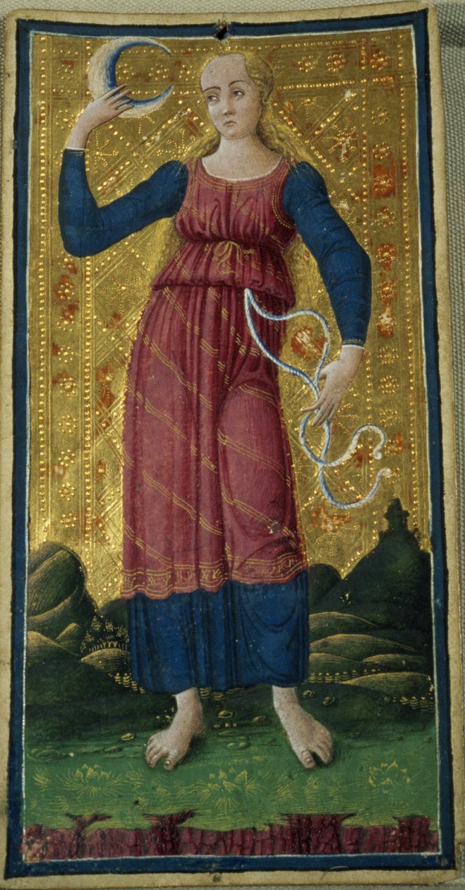 Księżyc, karta tarota, ok. 1490, (na karcie gwasz i złocone) autorstwa Antonio Cicognara