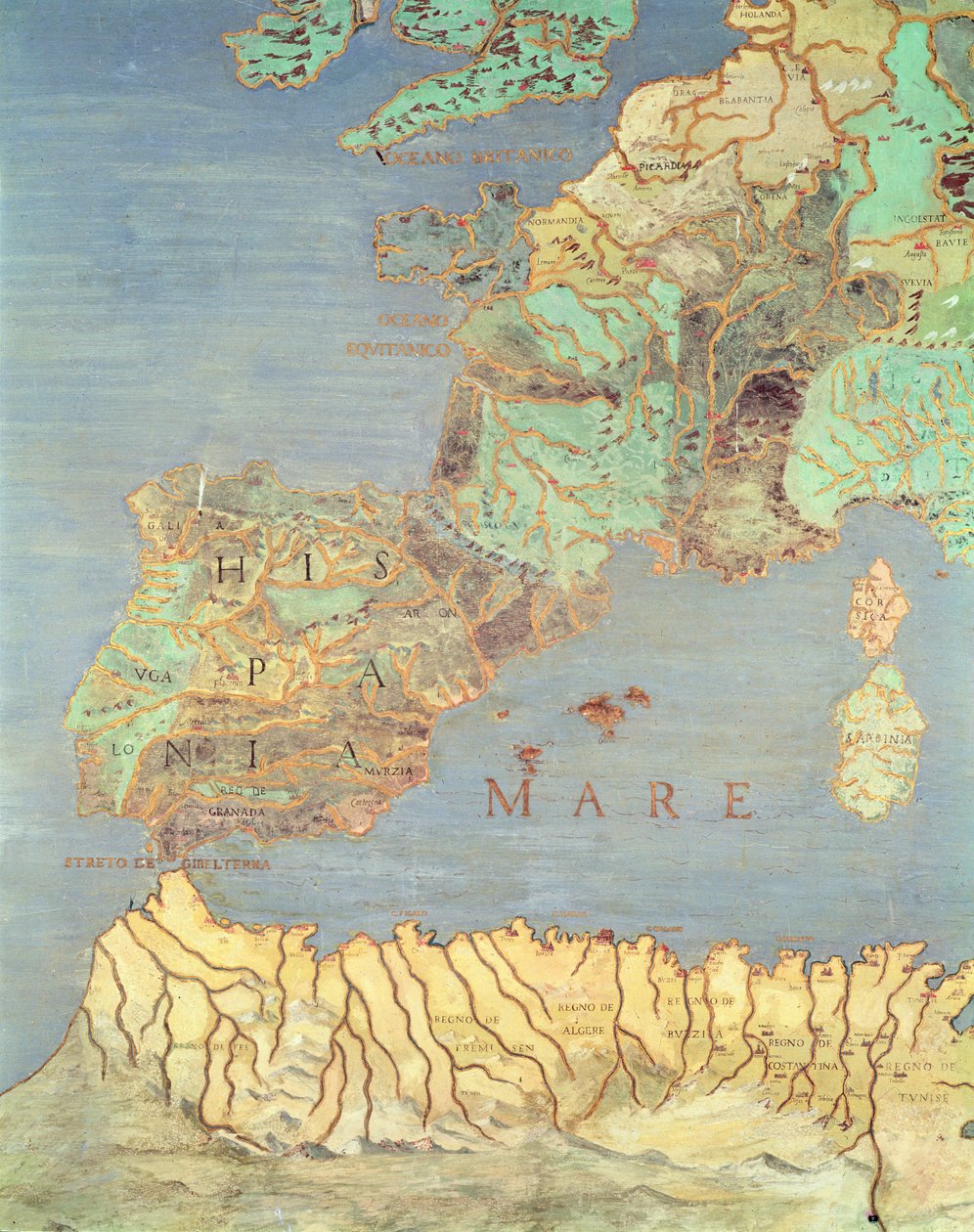 Mapa Francji, Hiszpanii i Afryki Północno-Zachodniej, z „Sala Del Mappamondo” (Mapy Sali Świata) autorstwa Antonio Giovanni de Varese