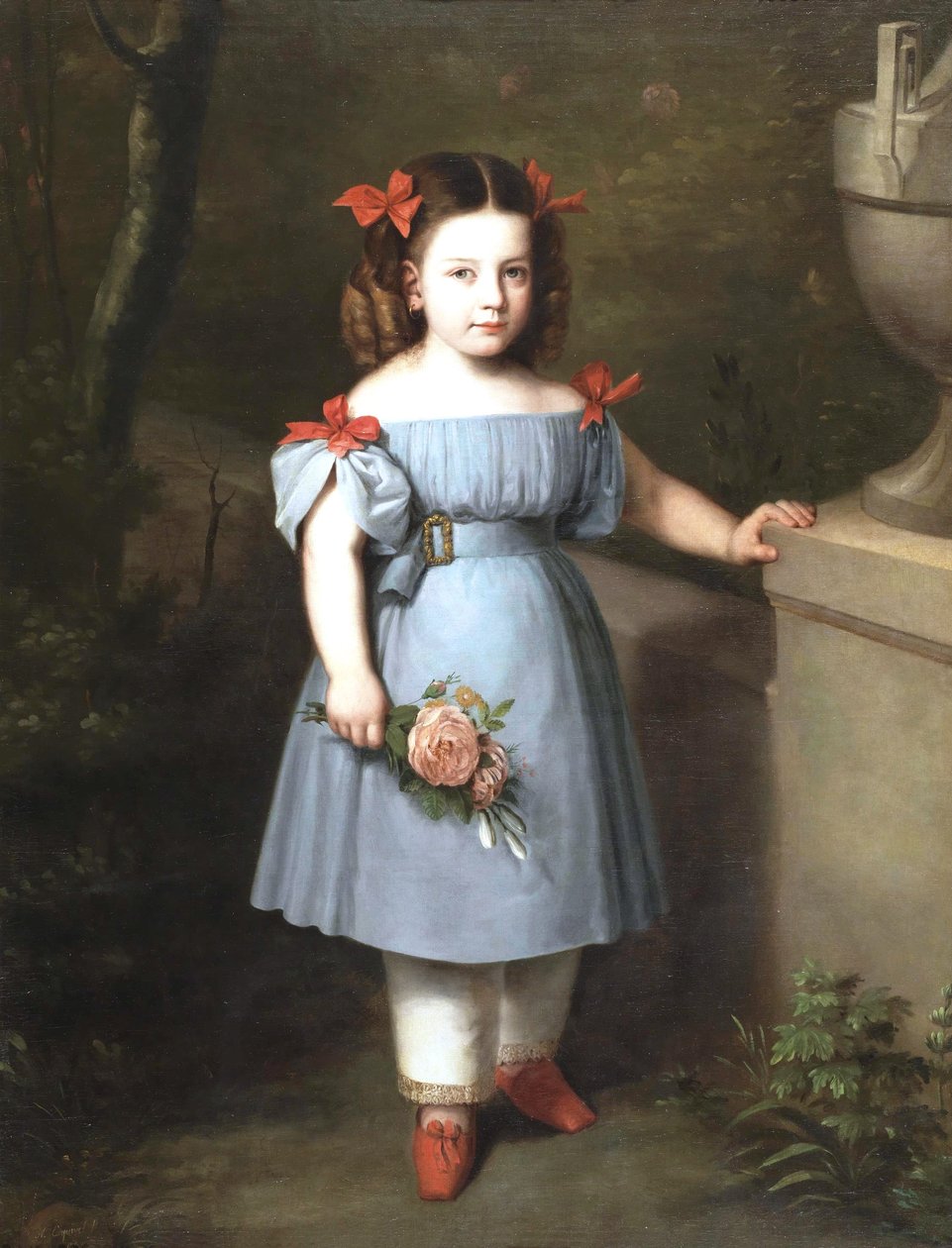 Portret dziewczyny w niebieskim stroju z różami w ręku autorstwa Antonio María Esquivel