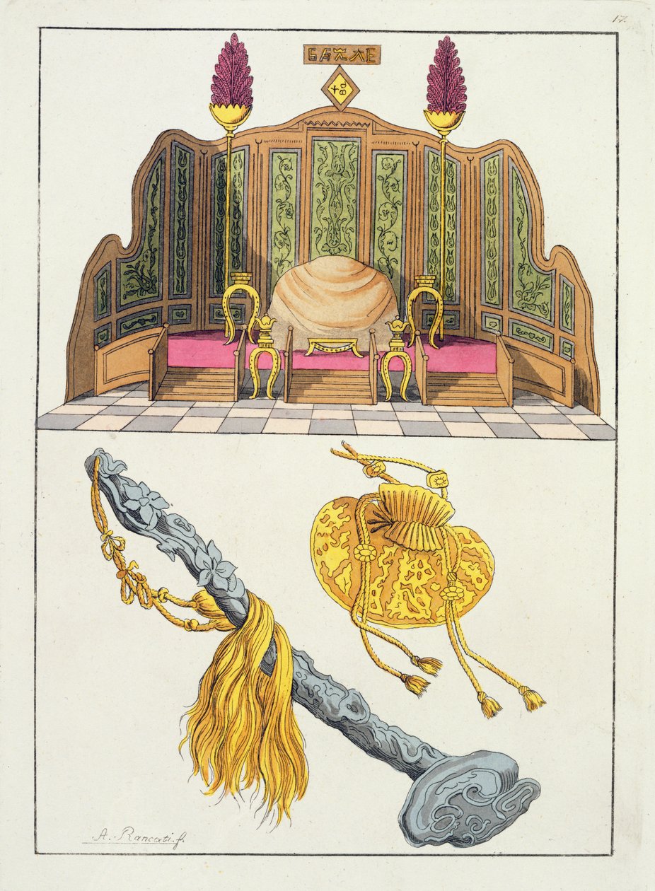 Tron chińskiego cesarza, berło jojo i czapka, ilustracja z „Le Costume Ancien et Moderne” Giulio Ferrario, wydana w latach 1820-30 autorstwa Antonio Rancati