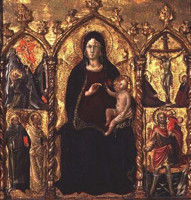 Tryptyk: Madonna z Dzieciątkiem (tablica centralna) ze świętymi i sceną Ukrzyżowania (tablica tempera) autorstwa Arcangelo di Cola da Camerino