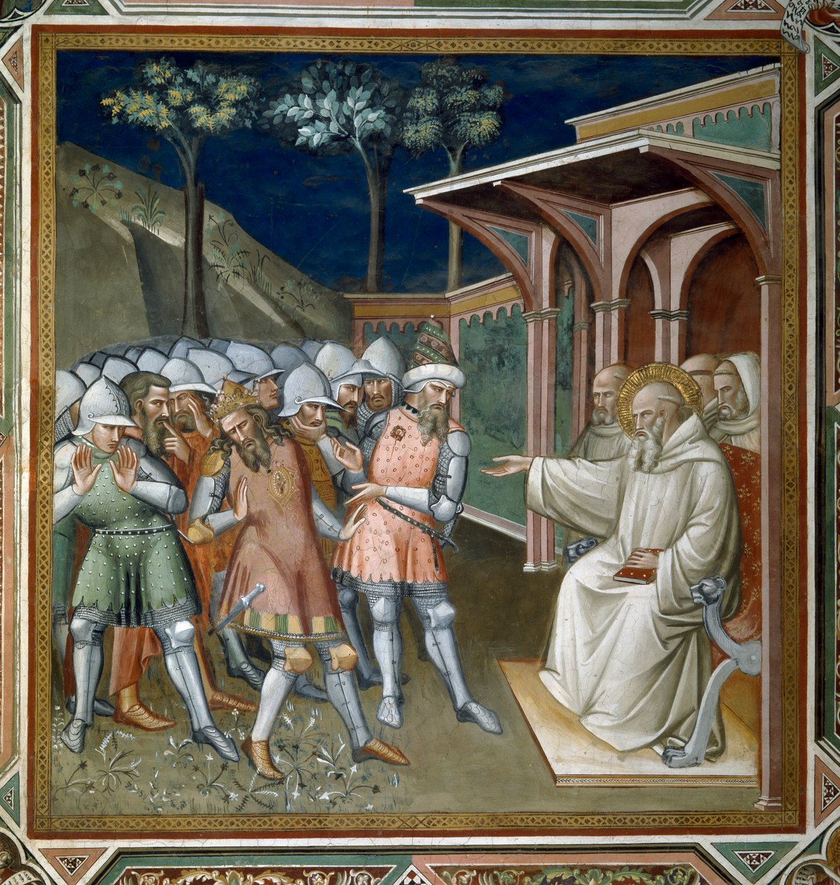 Święty odkrywa oszustwo Totili, króla Ostrogotów, fragment z Żywotu św. Benedykta (ok. 480-ok. 550), w zakrystii, 1387 autorstwa Aretino Luca Spinello or Spinelli