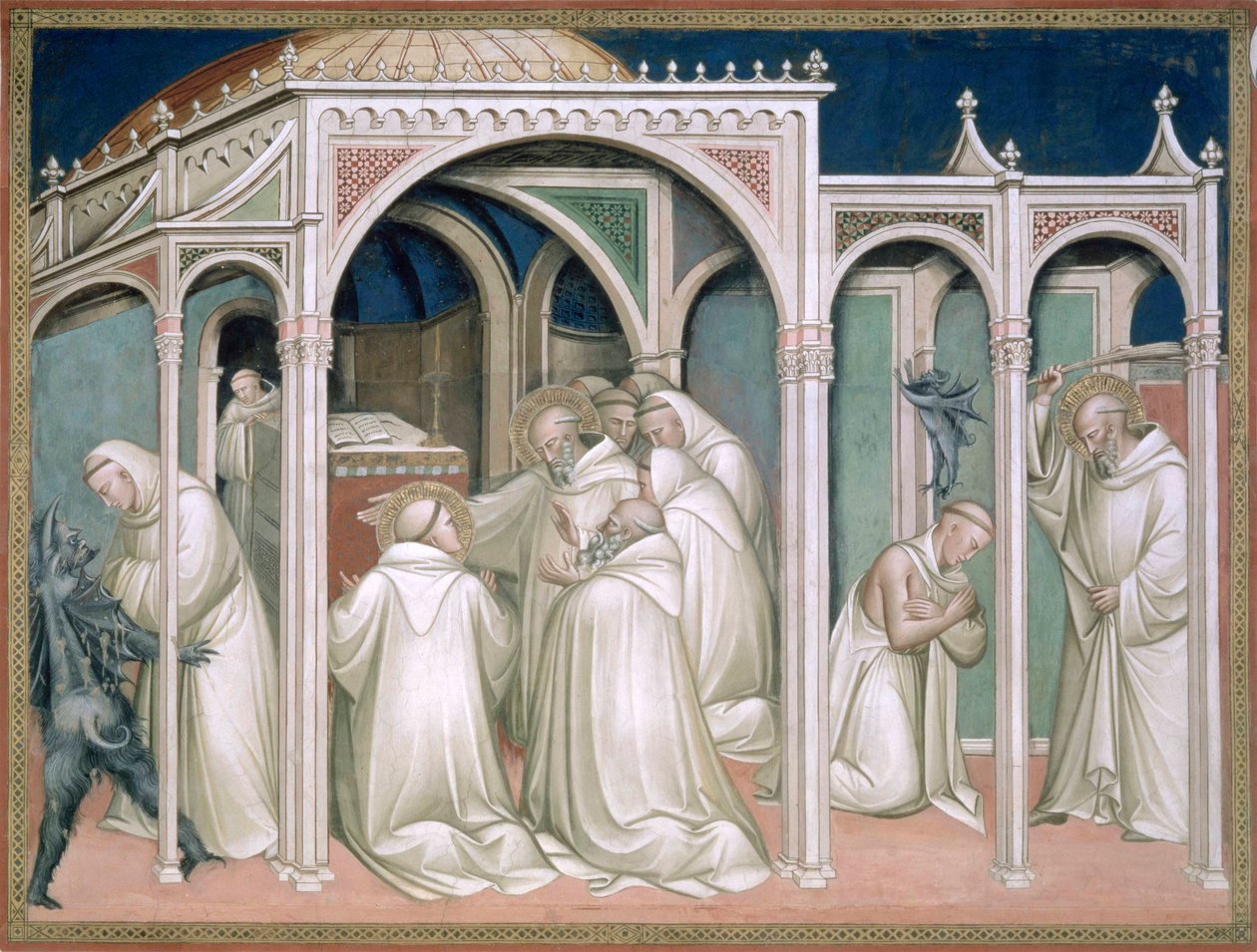 Święty uwalnia opętanego mnicha, fragment z życia św. Benedykta (ok. 480-ok. 550), w zakrystii, 1387 autorstwa Aretino Luca Spinello or Spinelli