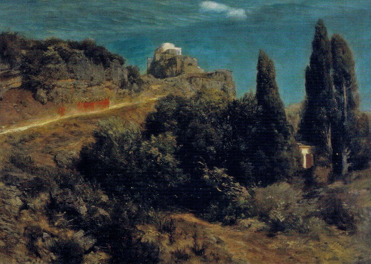 Górski zamek z wojownikami autorstwa Arnold Böcklin