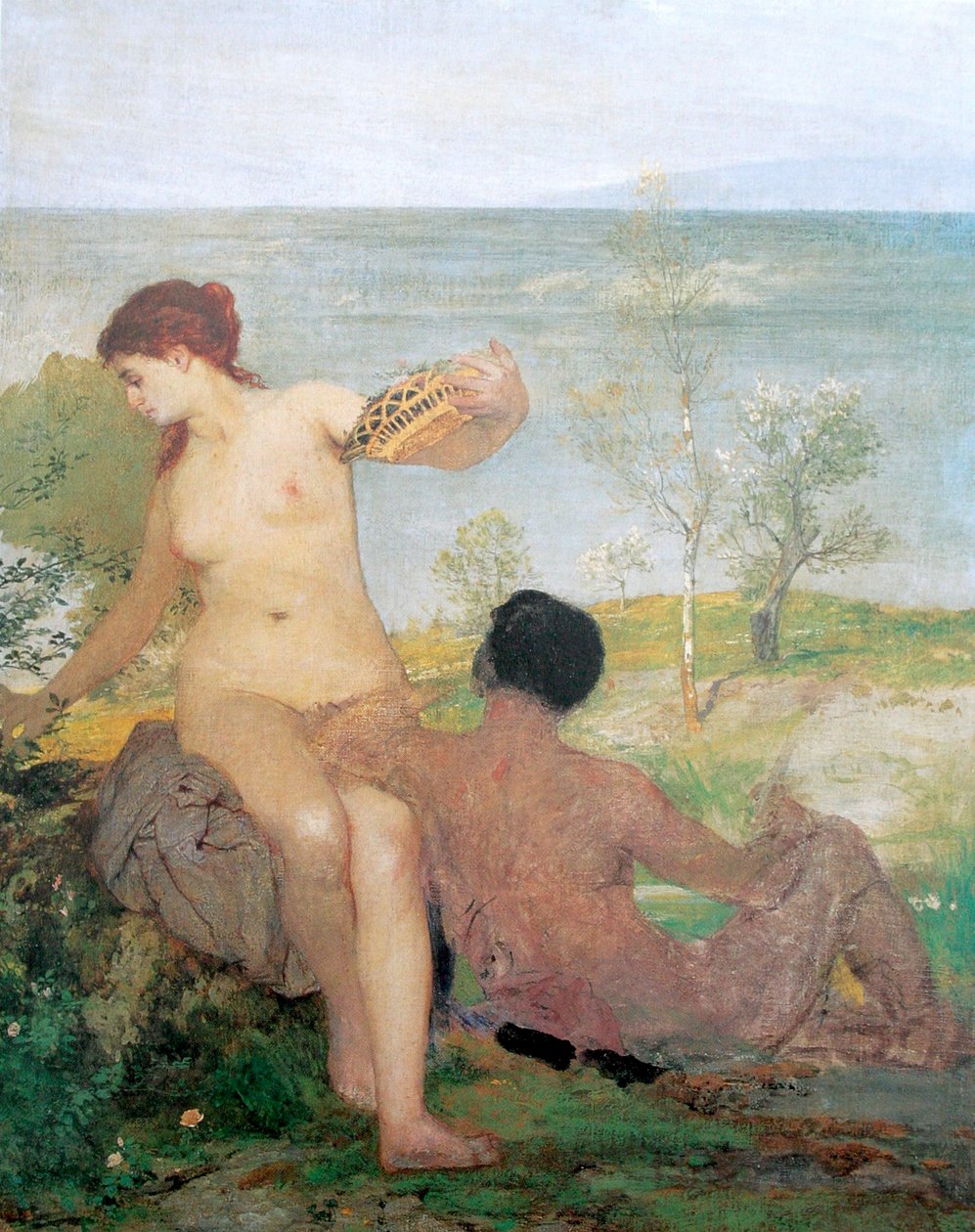 Dziewczyna i chłopak zbierają kwiaty autorstwa Arnold Böcklin