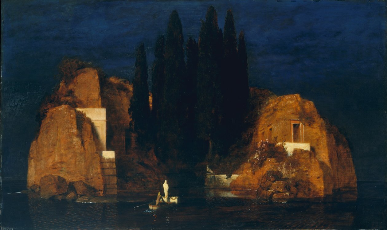 Wyspa Umarłych, wersja druga, 1880 (olej na drewnie) autorstwa Arnold Böcklin