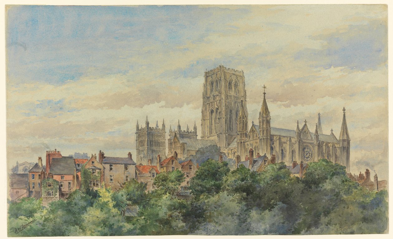 Rysunek, widok na katedrę w Durham, 1883 r. autorstwa Arnold William Brunner