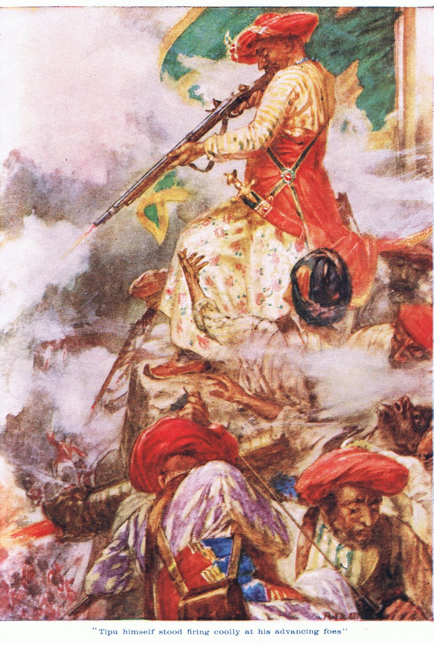 Sam Tipu stał strzelając chłodno do nadciągających wrogów. autorstwa Arthur David McCormick