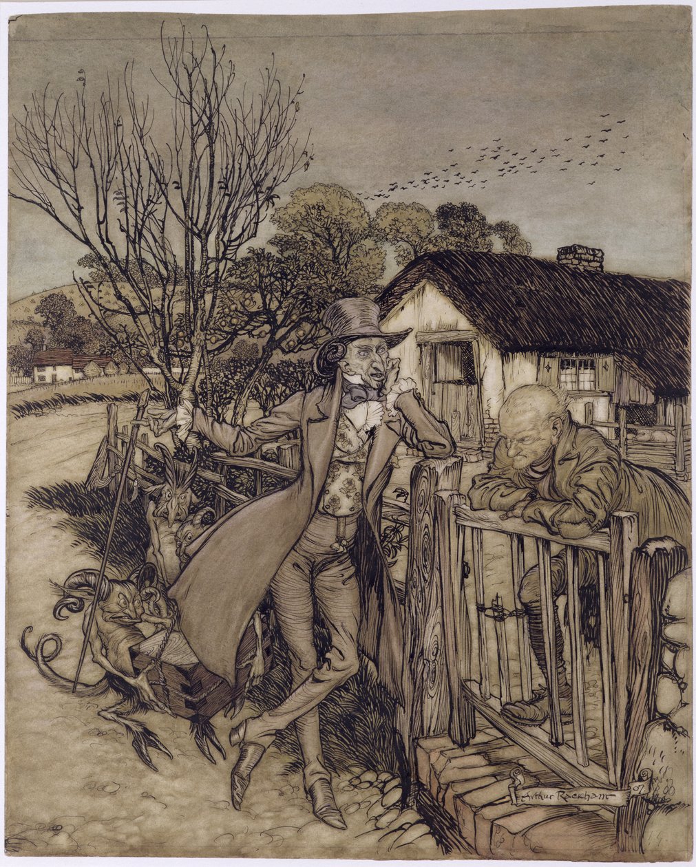 Okazja z diabłem, 1907 (wc, długopis i atrament na papierze) autorstwa Arthur Rackham