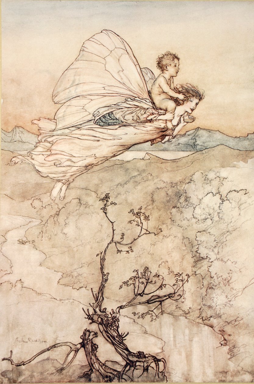 ..I jej wróżka wysłana, by zanieść go do mojej altany w bajkowej krainie, ilustracja ze „Snu nocy letniej” Williama Szekspira, 1908 autorstwa Arthur Rackham