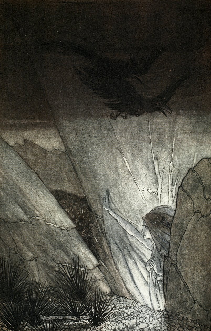„Erda każe ci uważać”, ilustracja z „Złoto Renu i Walkiria”, 1910 autorstwa Arthur Rackham