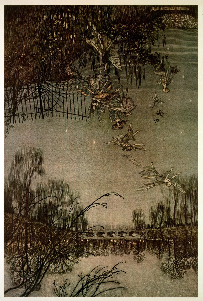 Wróżki w Ogrodach Kensington z filmu "Piotruś Pan w Ogrodach Kensington" J.M. Barrie, 1906 r. autorstwa Arthur Rackham