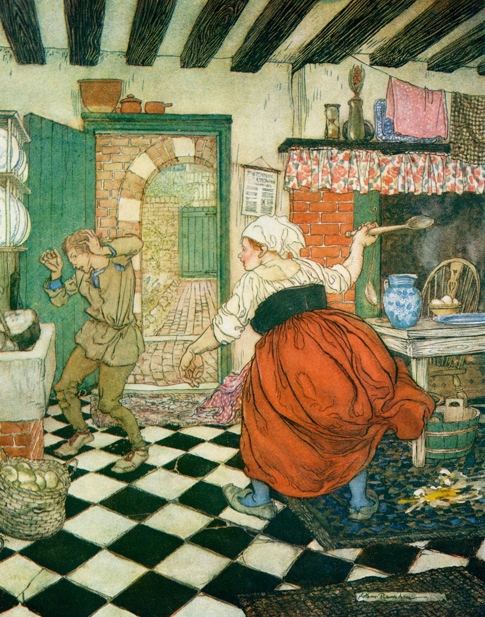 Wiele razy bił miotłą lub kadzią, ilustracja do Dicka Whittingtona i jego kota, z angielskich bajek opowiedzianych przez F.A. Steela, 1927 autorstwa Arthur Rackham