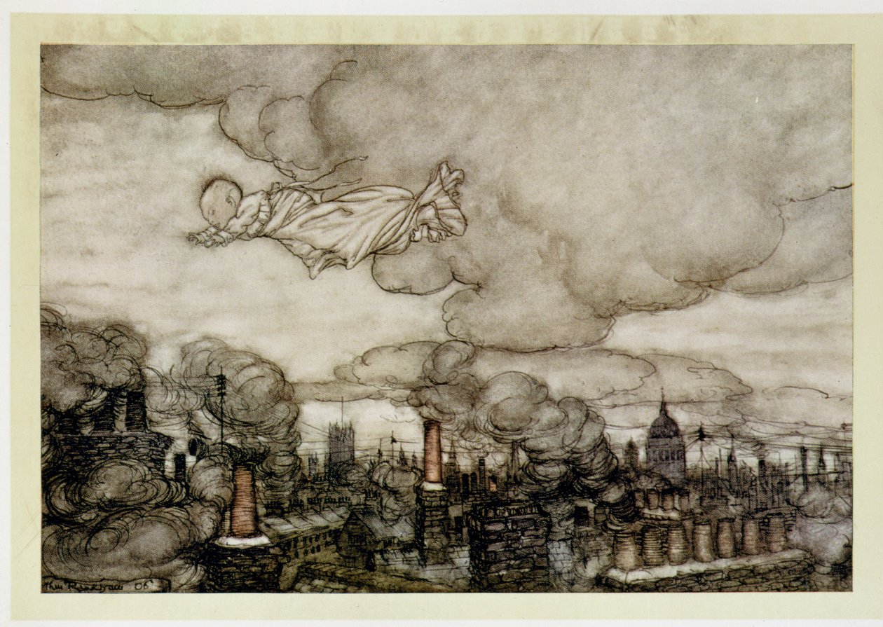 Piotruś Pan lecący nad Londynem, ilustracja z „Piotruś Pana” J.M. Barrie (1860-1937) autorstwa Arthur Rackham