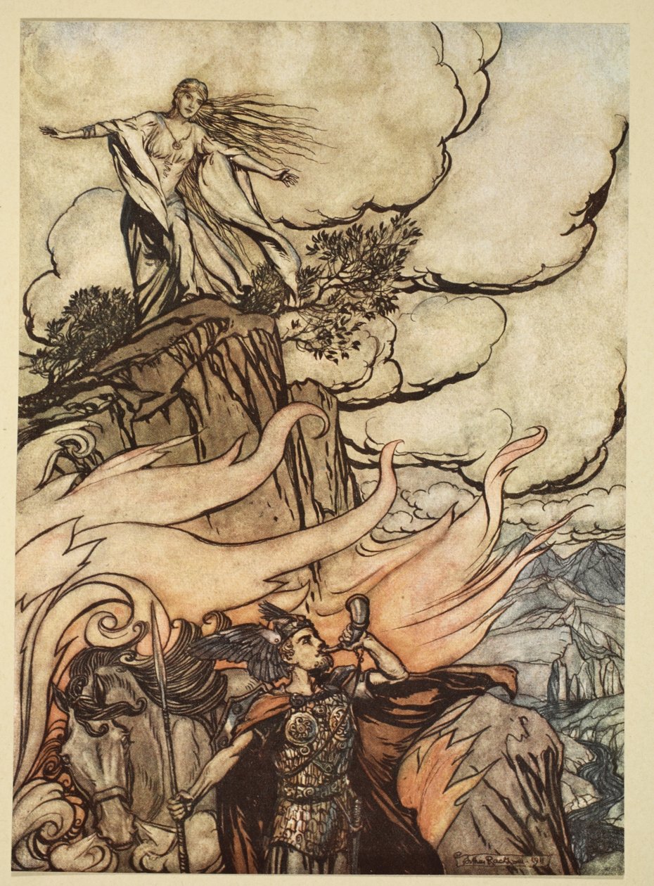 Zygfryd opuszcza Brunhildę w poszukiwaniu przygody, ilustracja z „Zygfryda i zmierzchu bogów”, 1924 autorstwa Arthur Rackham