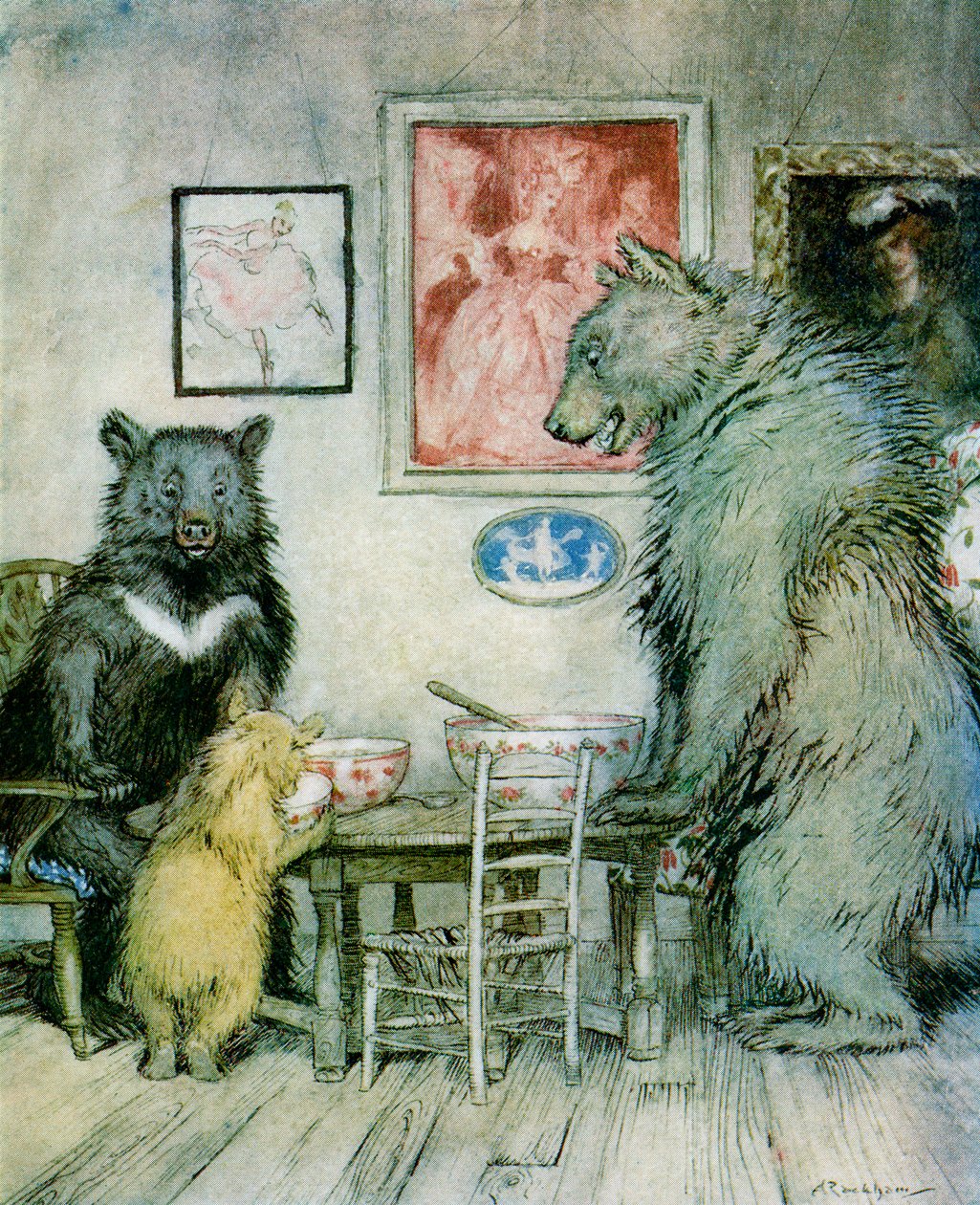 Ktoś był przy mojej owsiance i zjadł wszystko, z „English Fairy Tales Retold” F.A. Steela, opublikowanej w 1927 r. autorstwa Arthur Rackham