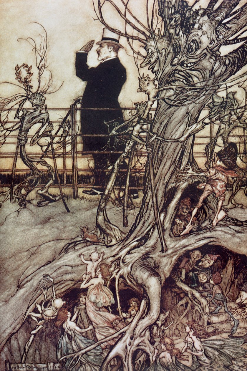 Kensington Gardens znajdują się w Londynie, gdzie mieszka król z „Piotruś Pana w Kensington Gardens” J.M. Barrie, 1906 autorstwa Arthur Rackham