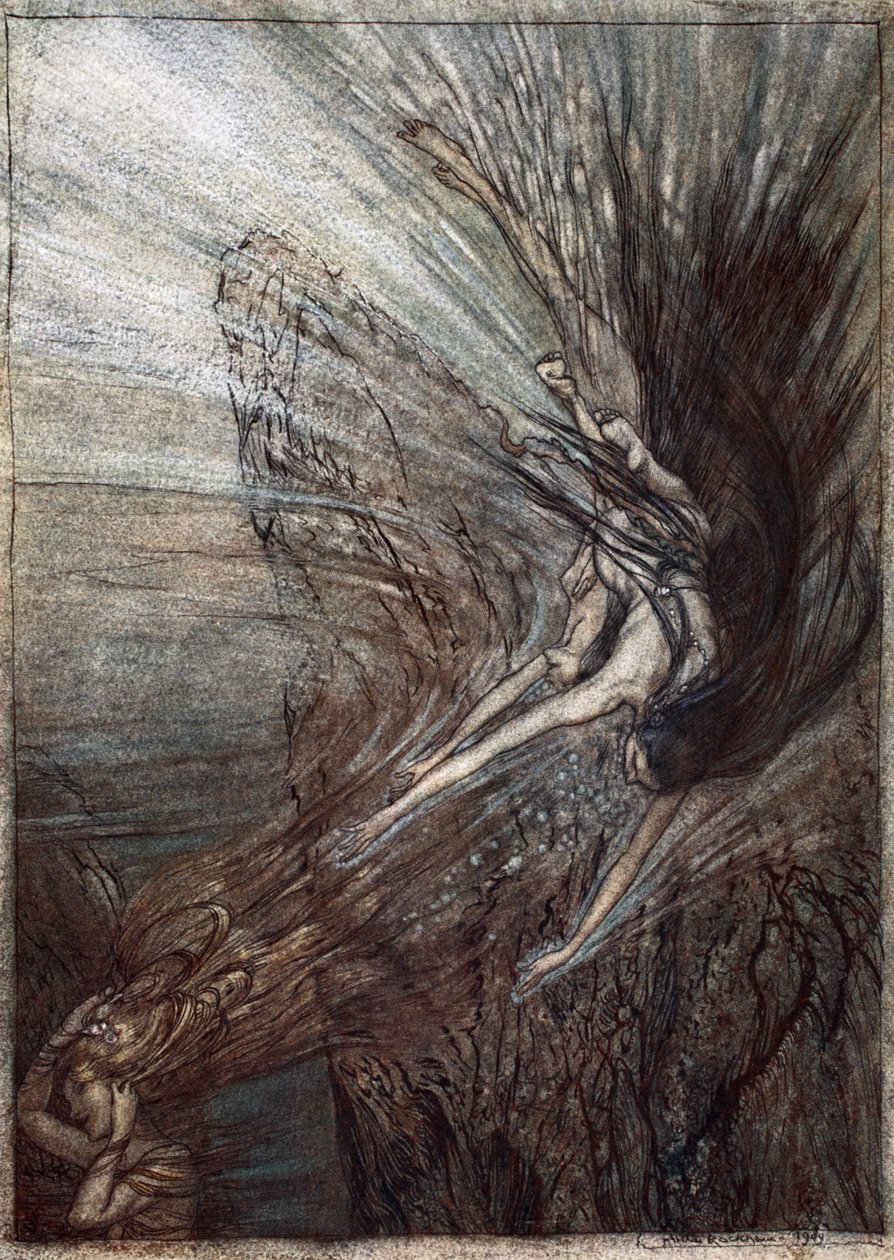 Igraszki Nadrenii, ilustracja z „Złoto Renu i Walkiria”, 1910 autorstwa Arthur Rackham