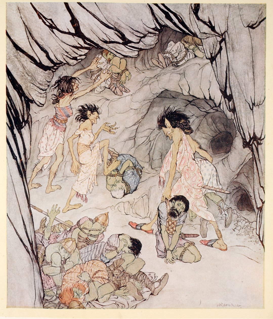 Ta jest gruba, powiedziała Cuillen i przetoczyła masywny Fenian jak koło, ilustracja z „Irish Fairy Tales” Jamesa Stephensa, 1920 autorstwa Arthur Rackham
