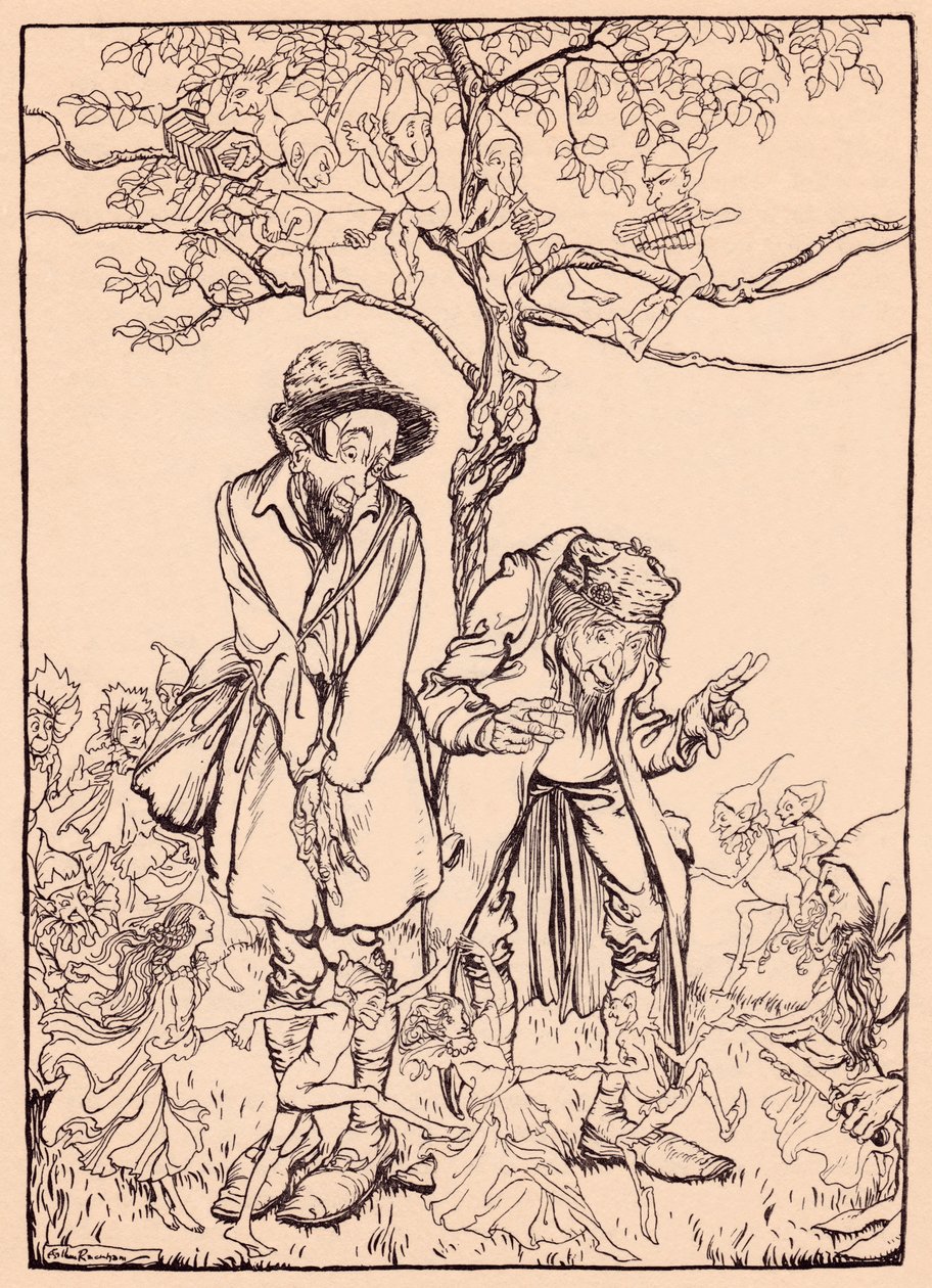 „Kiedy było wystarczająco ostre, rozejrzał się po nieznajomych”, ilustracja z „Bajki Grimma, Prezenty małego ludu” autorstwa Arthur Rackham